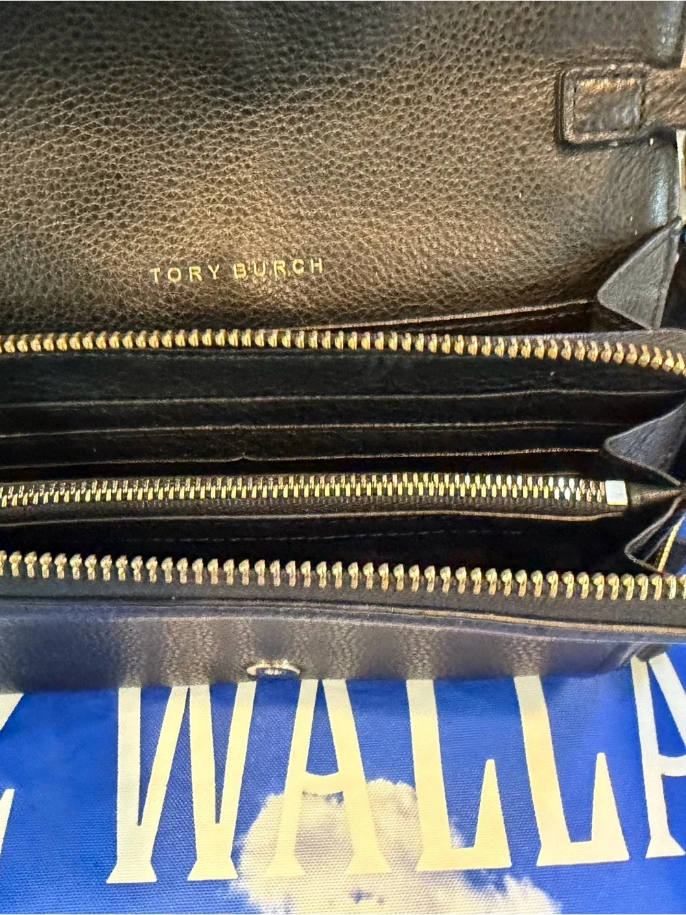 Tory Burch Black Pebbled Leather Crossbody Wallet with soft gold hardware